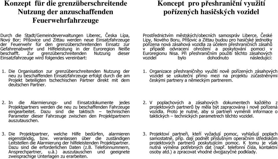 Zur grenzüberschreitenden Nutzung dieser Einsatzfahrzeuge wird folgendes vereinbart: Prostřednictvím městských/obecních samospráv Liberce, České Lípy, Nového Boru, Příšovic a Zittau budou pro