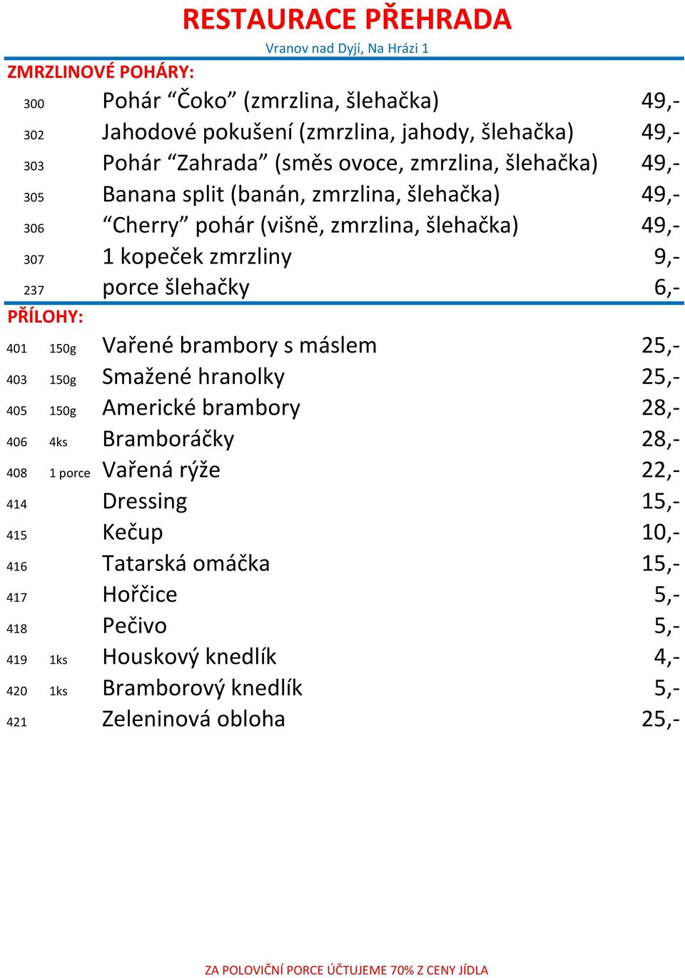PŘÍLOHY: 401 150g Vařené brambory s máslem 25,- 403 150g Smažené hranolky 25,- 405 150g Americké brambory 28,- 406 4ks Bramboráčky 28,- 408 1 porce Vařená rýže 22,-