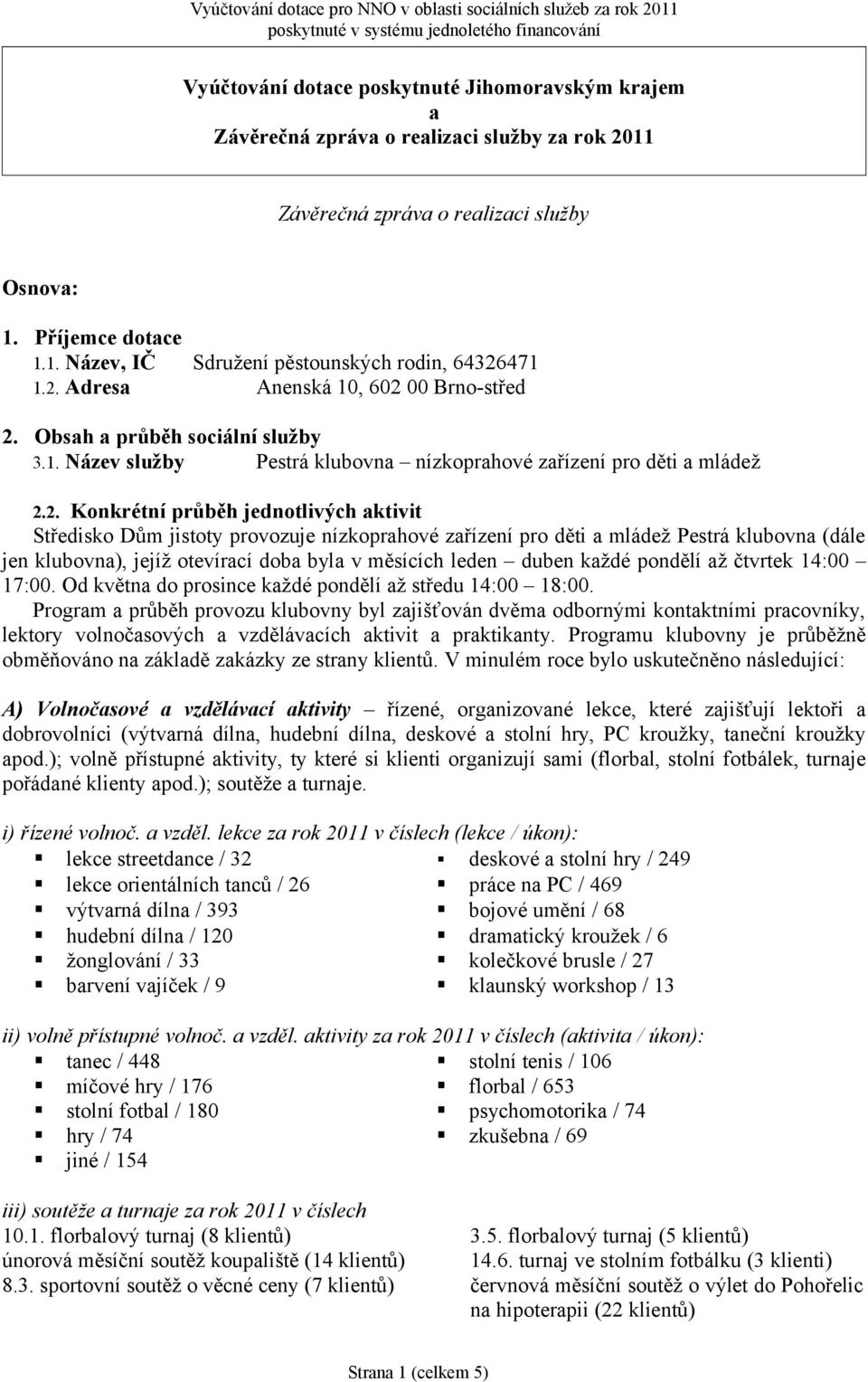 Středisko Dům jistoty provozuje nízkoprahové zařízení pro děti a mládež Pestrá klubovna (dále jen klubovna), jejíž otevírací doba byla v měsících leden duben každé pondělí až čtvrtek 14:00 17:00.