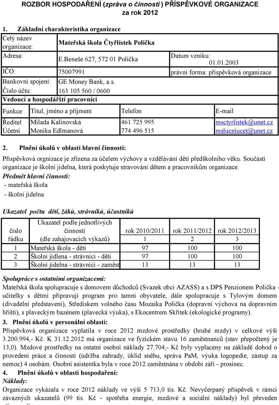 Plnění úkolů v oblasti hlavní činnosti: Příspěvková orgnizace je zřízena za účelem výchovy a vzdělávání dětí předškolního věku.