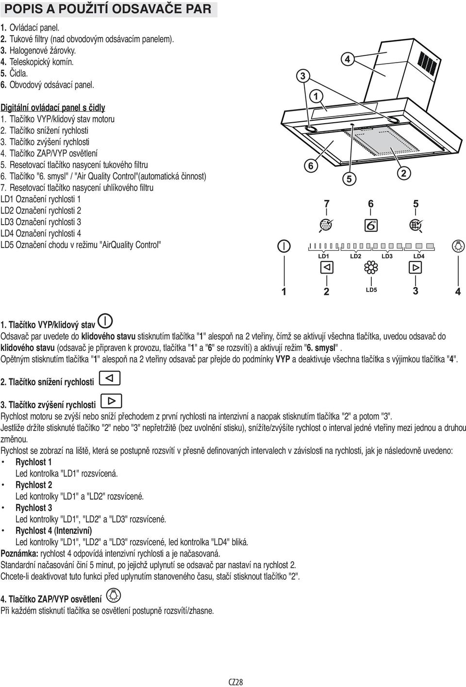 Resetovací tlačítko nasycení tukového filtru 6. Tlačítko "6. smysl" / "Air Quality Control"(automatická činnost) 7.