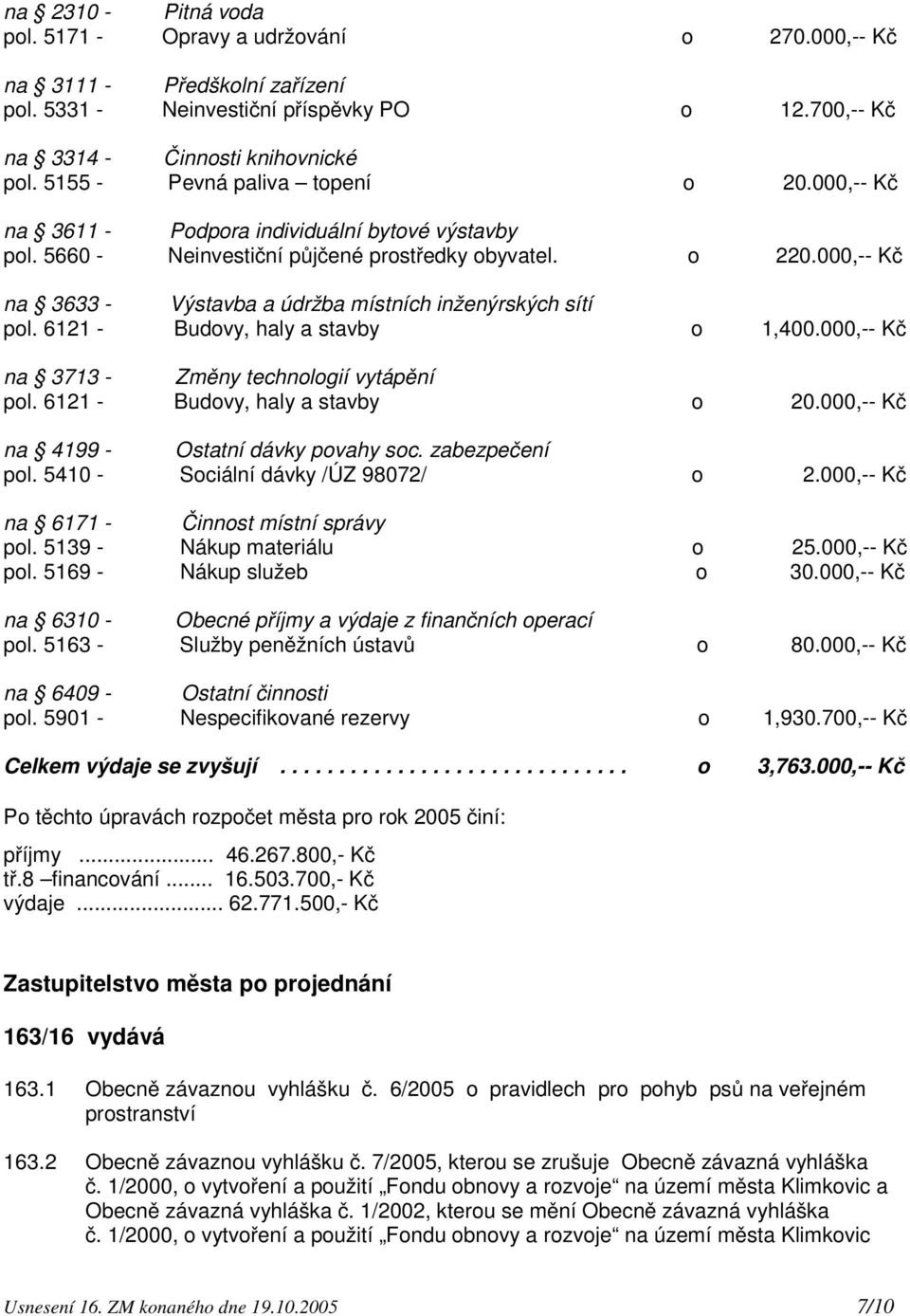 000,-- Kč na 3633 - Výstavba a údržba místních inženýrských sítí pol. 6121 - Budovy, haly a stavby o 1,400.000,-- Kč na 3713 - Změny technologií vytápění pol. 6121 - Budovy, haly a stavby o 20.