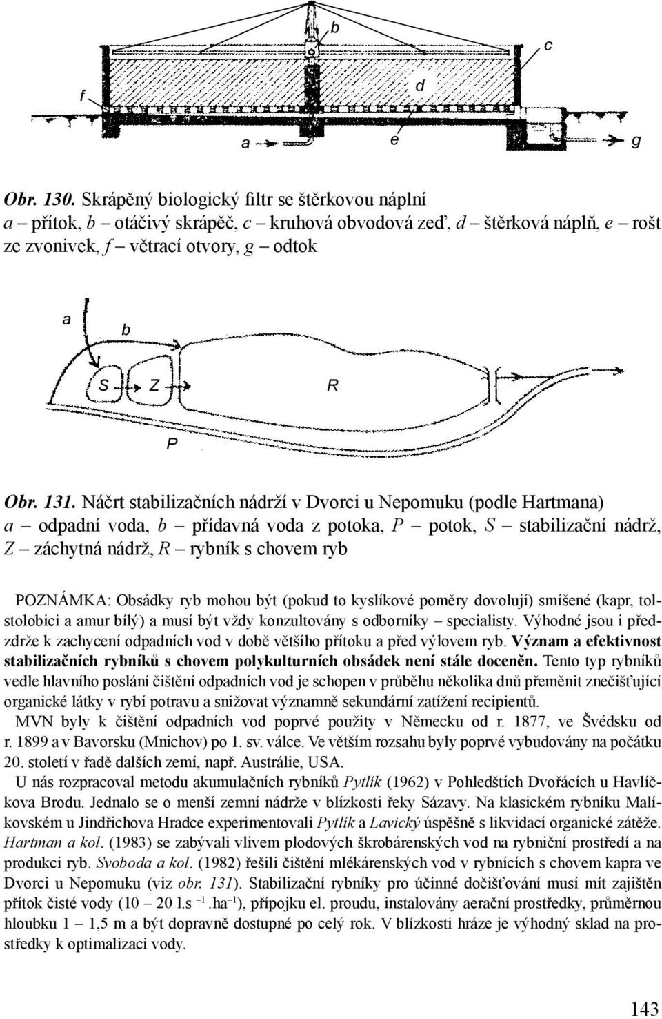 Náčrt stabilizačních nádrží v Dvorci u Nepomuku (podle Hartmana) a odpadní voda, b přídavná voda z potoka, P potok, S stabilizační nádrž, Z záchytná nádrž, R rybník s chovem ryb POZNÁMKA: Obsádky ryb