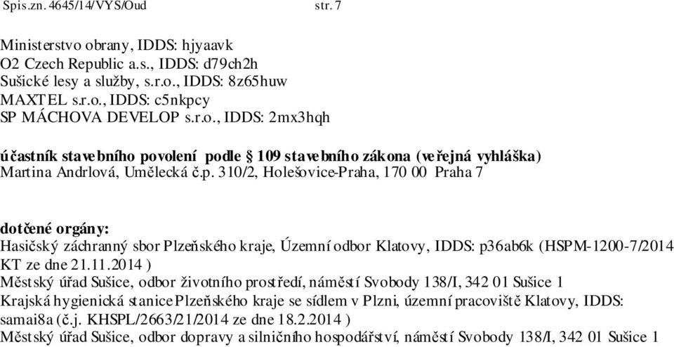 volení podle 109 stavebního zákona (veřejná vyhláška) Martina Andrlová, Umělecká č.p. 310/2, Holešovice-Praha, 170 00 Praha 7 dotčené orgány: Hasičský záchranný sbor Plzeňského kraje, Územní odbor Klatovy, IDDS: p36ab6k (HSPM-1200-7/2014 KT ze dne 21.