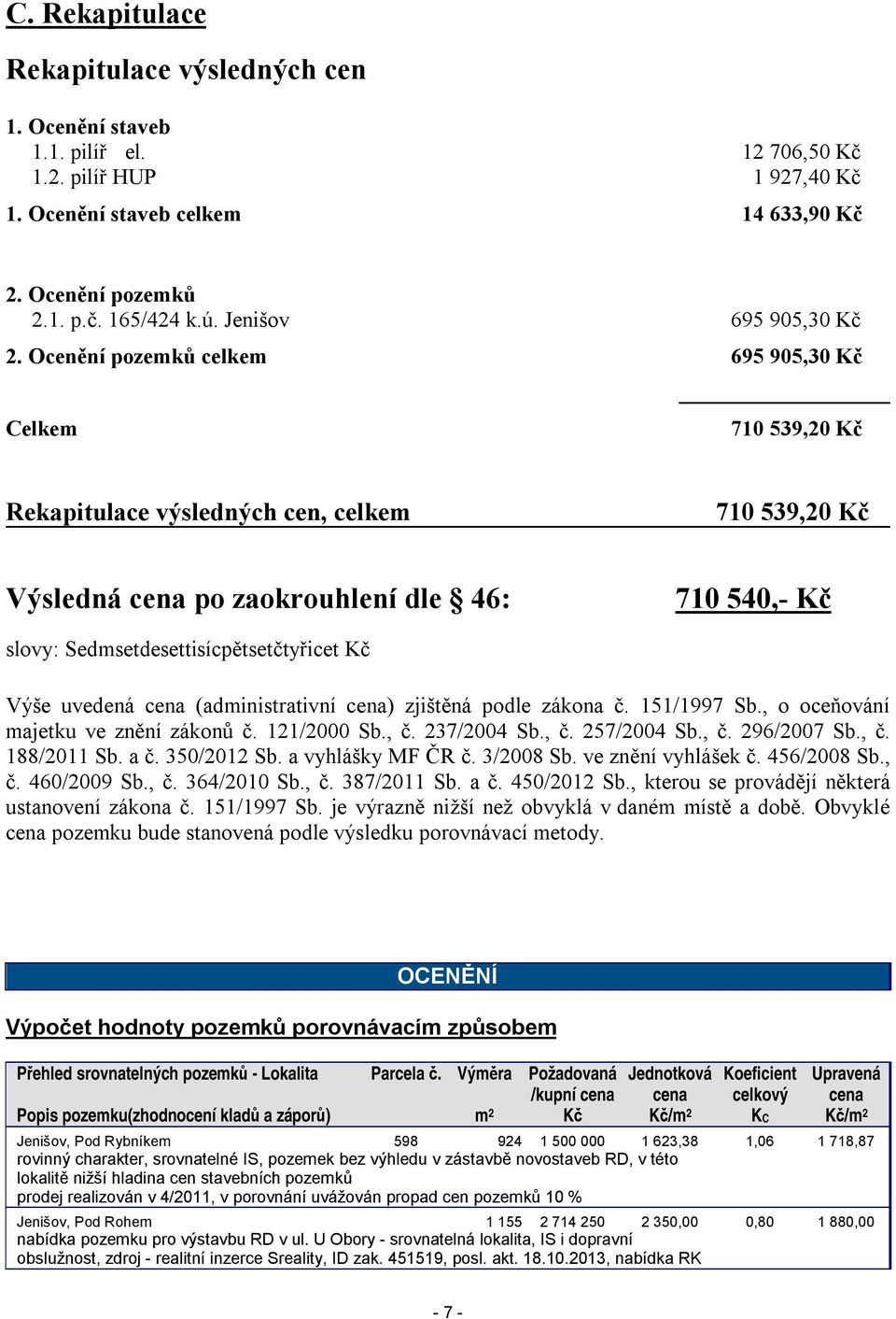 Ocenění pozemků celkem 695 905,30 Kč Celkem 710 539,20 Kč Rekapitulace výsledných cen, celkem 710 539,20 Kč Výsledná cena po zaokrouhlení dle 46: 710 540,- Kč slovy: Sedmsetdesettisícpětsetčtyřicet