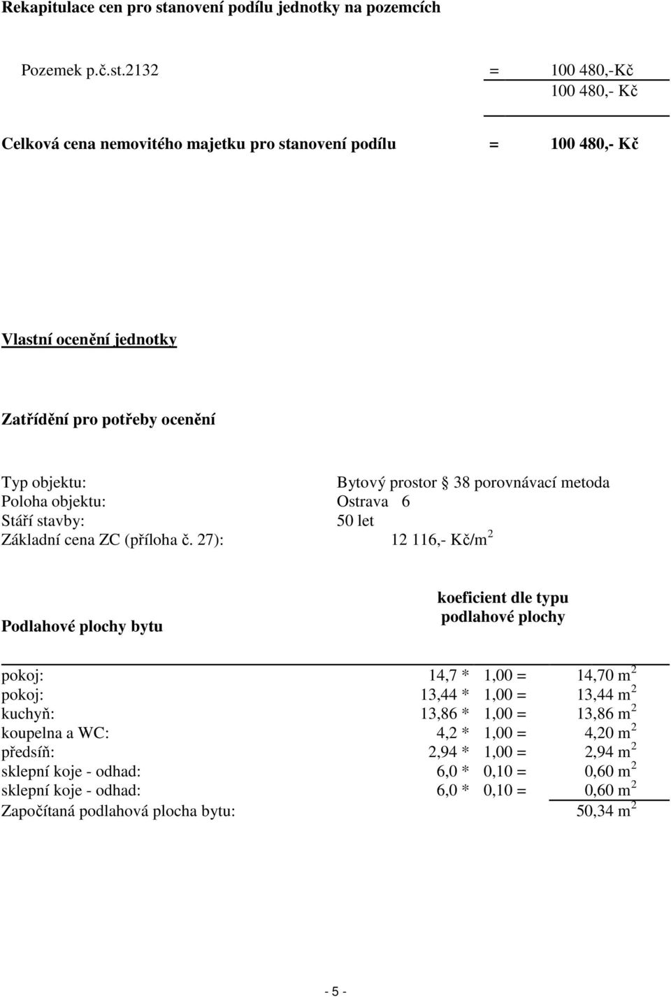 2132 = 100 480,-Kč 100 480,- Kč Celková cena nemovitého majetku pro stanovení podílu = 100 480,- Kč Vlastní ocenění jednotky Zatřídění pro potřeby ocenění Typ objektu: Bytový prostor