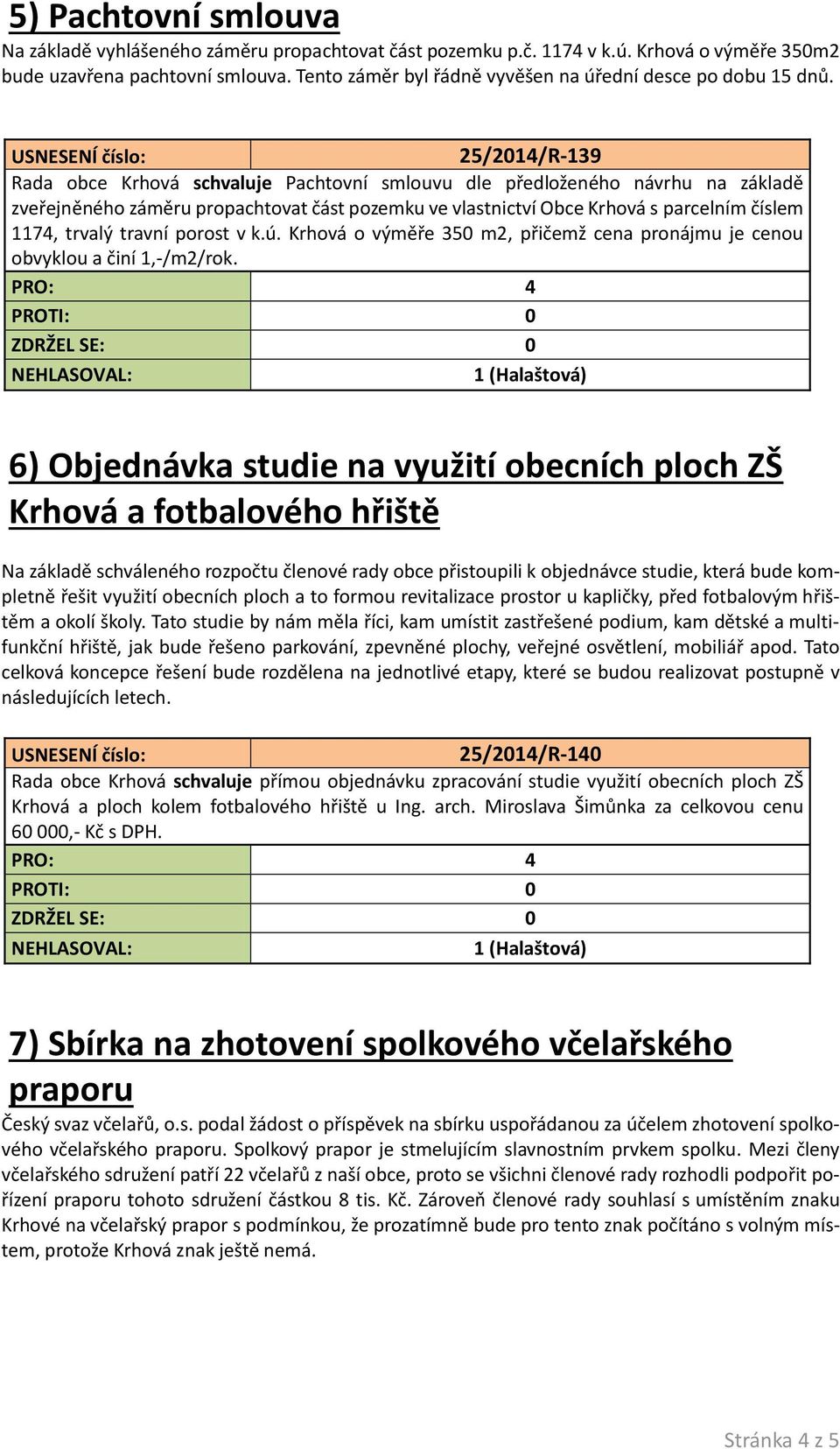 25/2014/R-139 Rada obce Krhová schvaluje Pachtovní smlouvu dle předloženého návrhu na základě zveřejněného záměru propachtovat část pozemku ve vlastnictví Obce Krhová s parcelním číslem 1174, trvalý