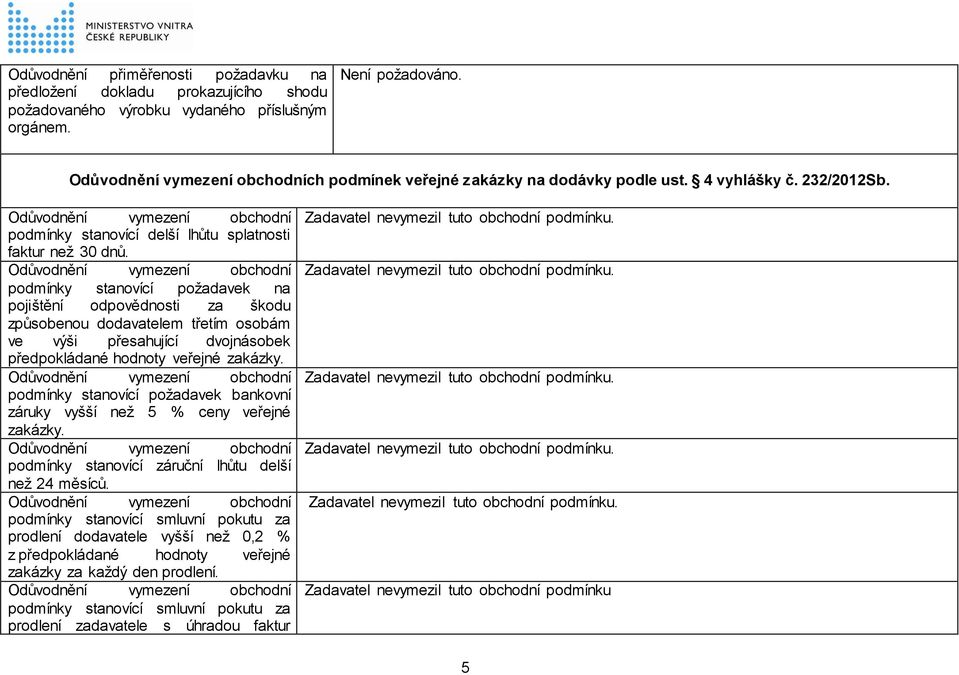 podmínky stanovící požadavek na pojištění odpovědnosti za škodu způsobenou dodavatelem třetím osobám ve výši přesahující dvojnásobek předpokládané hodnoty veřejné zakázky.