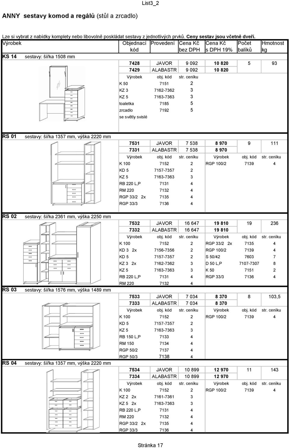 04 sestavy: šířka 1357 mm, výška 2220 mm sestavy: šířka 2361 mm, výška 2250 mm sestavy: šířka 1576 mm, výška 1489 mm sestavy: šířka 1357 mm, výška 2220 mm 7531 JAVOR 7 538 8 970 9 111 7331 ALABASTR 7