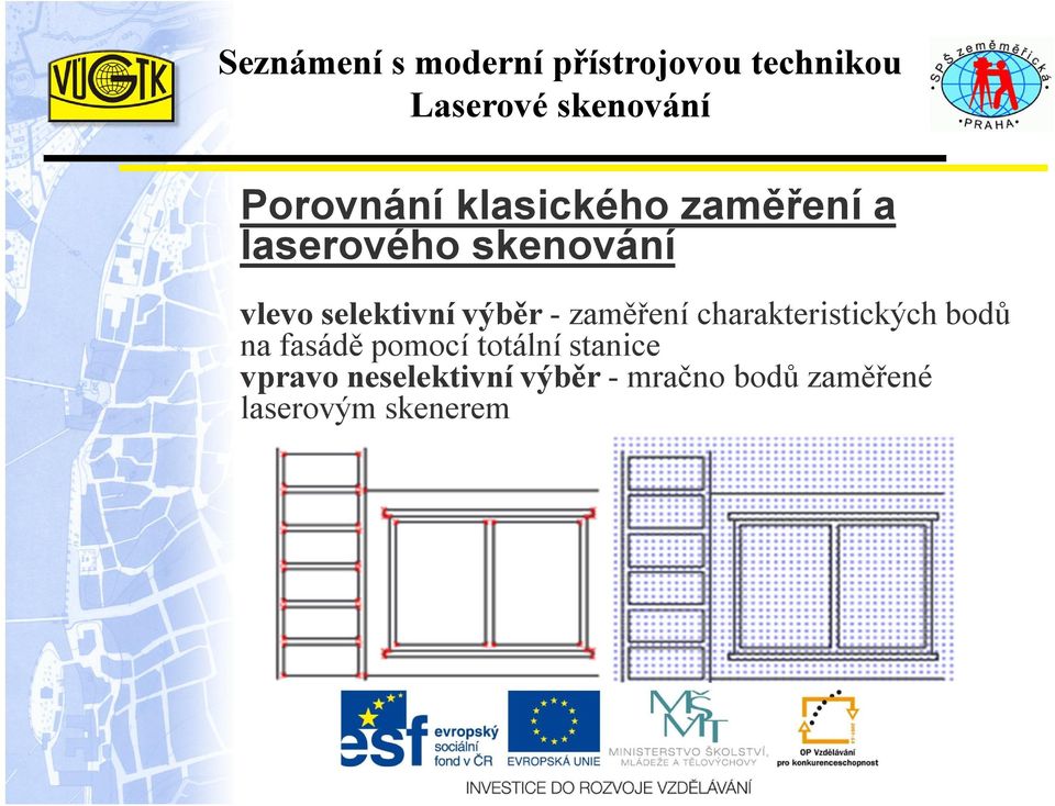 bodů na fasádě pomocí totální stanice vpravo