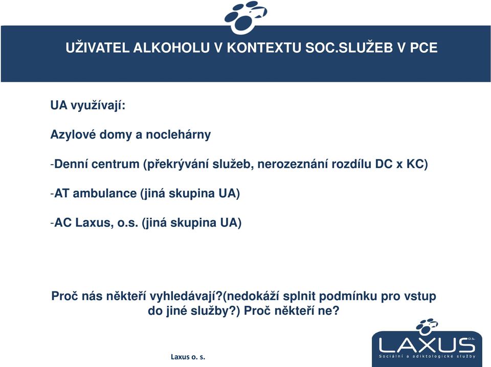 služeb, nerozeznání rozdílu DC x KC) -AT ambulance (jiná skupina UA) -AC Laxus, o.