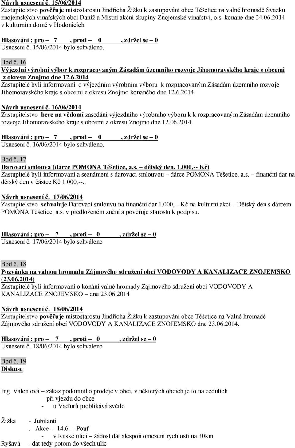 06.2014 v kulturním domě v Hodonicích. Usnesení č. 15/06/2014 bylo schváleno. Bod č.