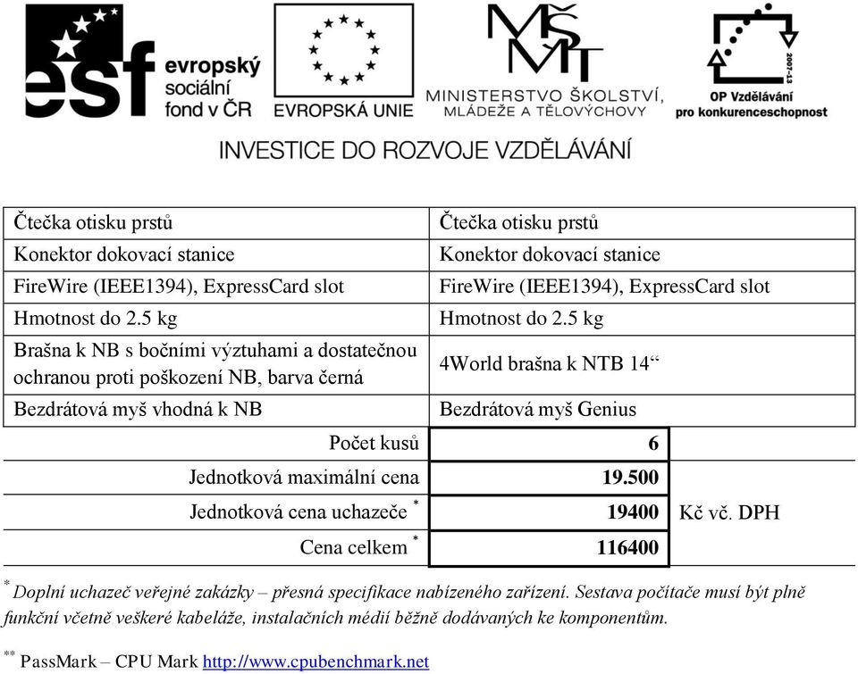 kusů 6 Jednotková maximální cena 19.500 Jednotková cena uchazeče 19400 Cena celkem 116400 Doplní uchazeč veřejné zakázky přesná specifikace nabízeného zařízení.