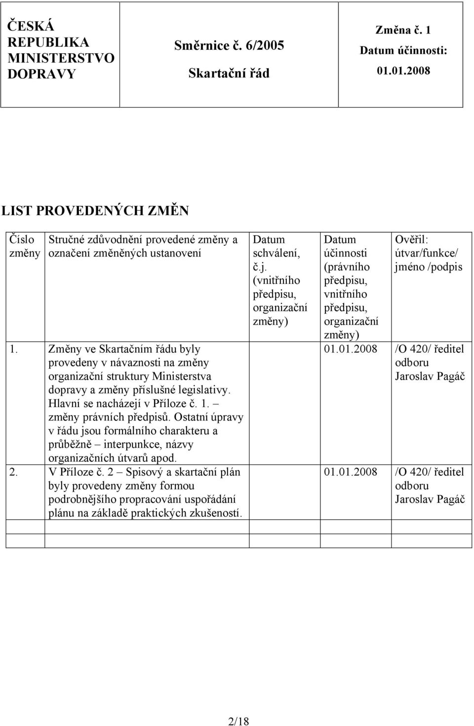 Změny ve Skartačním řádu byly provedeny v návaznosti na změny organizační struktury Ministerstva dopravy a změny příslušné legislativy. Hlavní se nacházejí v Příloze č. 1. změny právních předpisů.