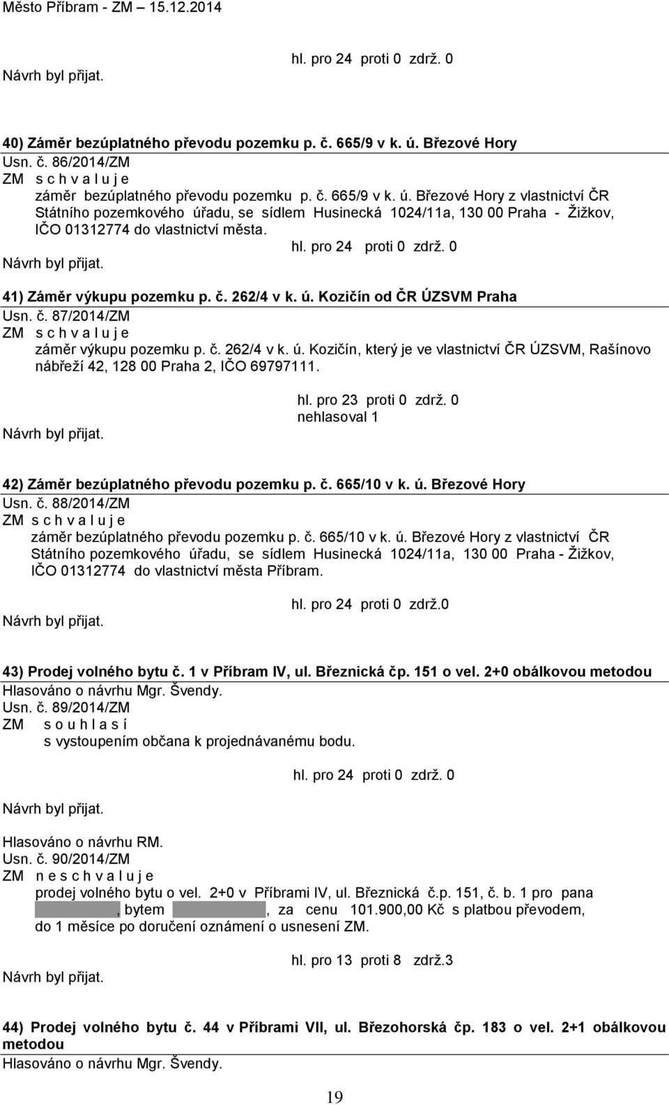 Březové Hory z vlastnictví ČR Státního pozemkového úřadu, se sídlem Husinecká 1024/11a, 130 00 Praha - Žižkov, IČO 01312774 do vlastnictví města. 41) Záměr výkupu pozemku p. č. 262/4 v k. ú. Kozičín od ČR ÚZSVM Praha Usn.