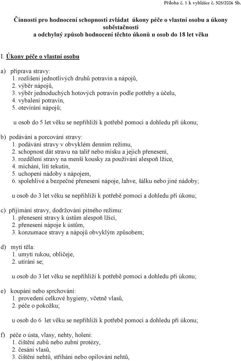 otevírání nápoj ; u osob do 5 let v ku se nep ihlíží k pot eb pomoci a dohledu p i úkonu; b) podávání a porcování stravy: 1. podávání stravy v obvyklém denním režimu, 2.