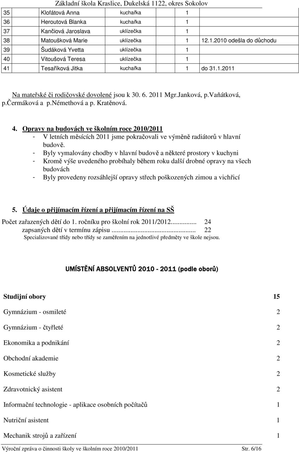 Opravy na budovách ve školním roce 2010/2011 - V letních měsících 2011 jsme pokračovali ve výměně radiátorů v hlavní budově.