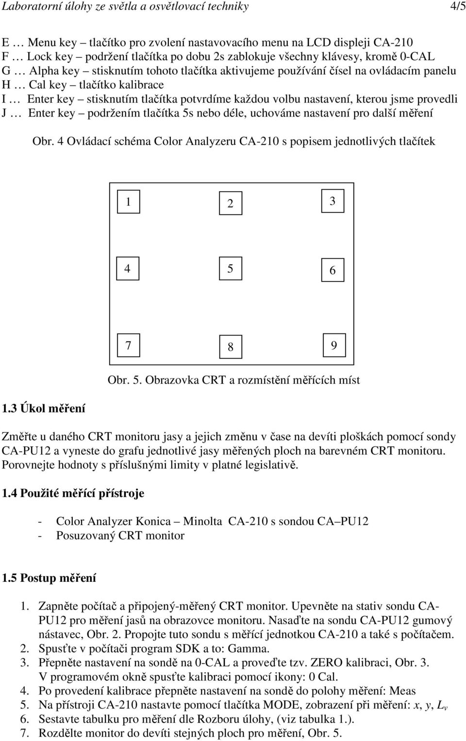 jsme provedli J Enter key podržením tlačítka 5s nebo déle, uchováme nastavení pro další měření Obr. 4 Ovládací schéma Color Analyzeru CA-210 s popisem jednotlivých tlačítek 1 2 3 4 5 6 7 8 9 Obr. 5. Obrazovka CRT a rozmístění měřících míst 1.