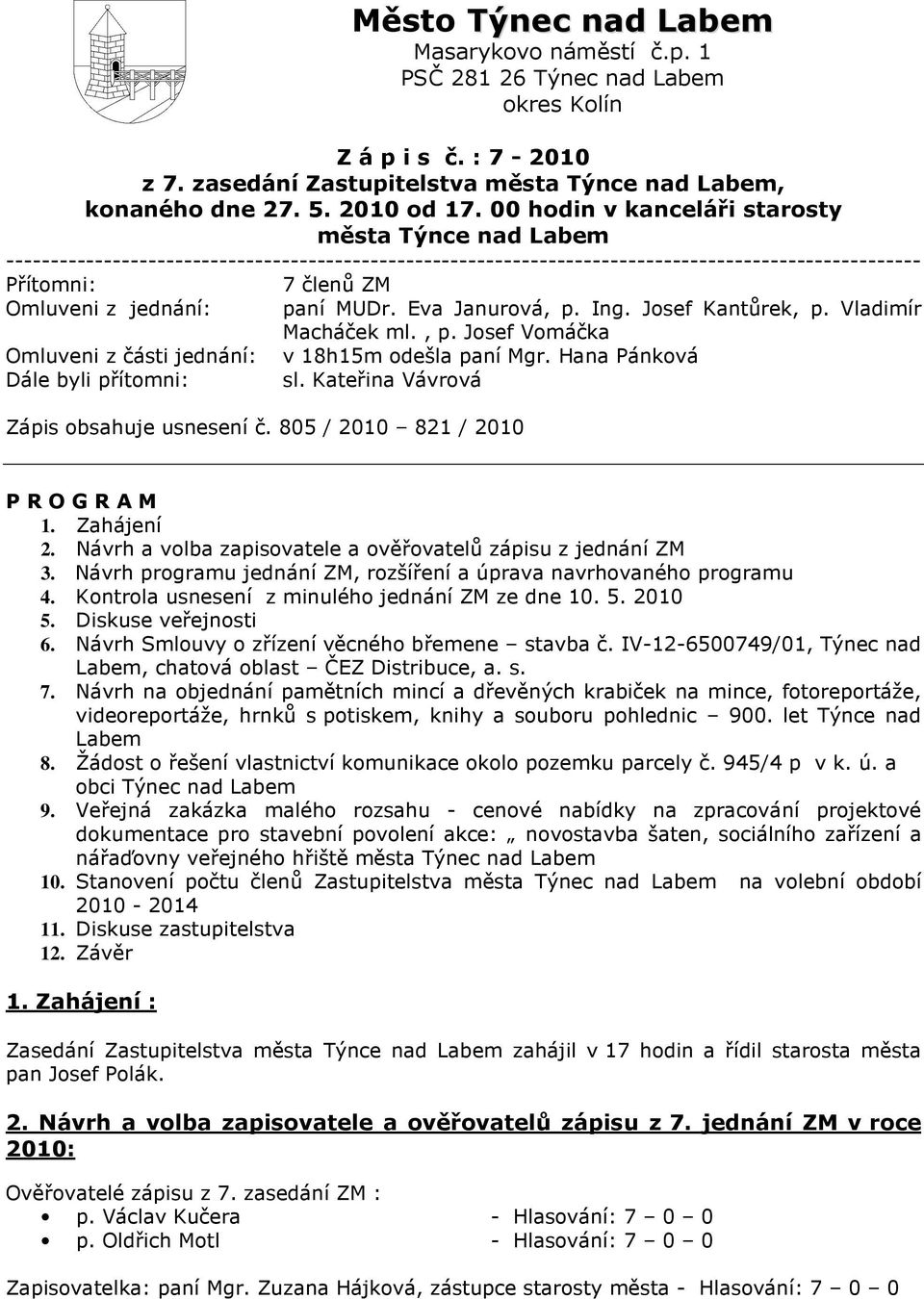 paní MUDr. Eva Janurová, p. Ing. Josef Kantůrek, p. Vladimír Macháček ml., p. Josef Vomáčka Omluveni z části jednání: v 18h15m odešla paní Mgr. Hana Pánková Dále byli přítomni: sl.