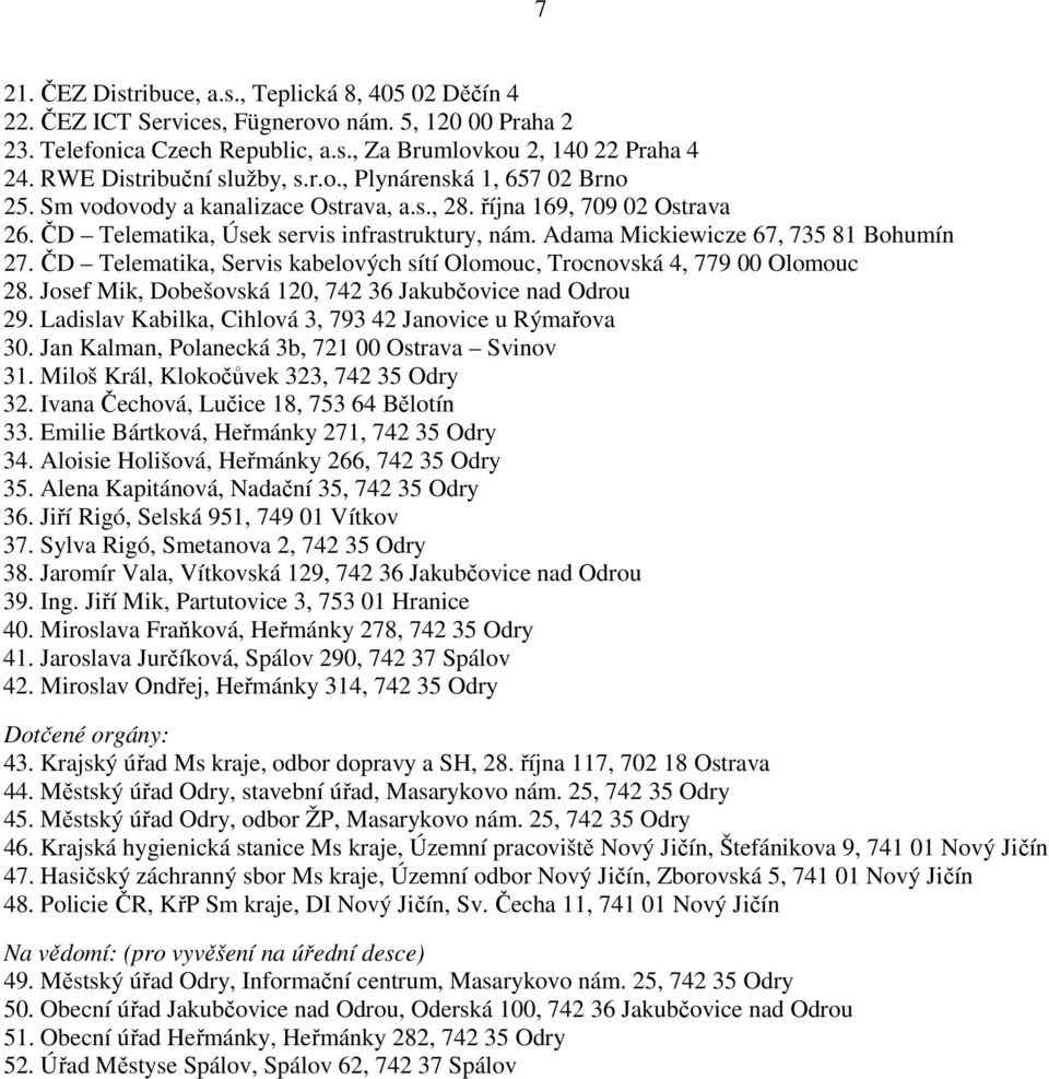 Adama Mickiewicze 67, 735 81 Bohumín 27. ČD Telematika, Servis kabelových sítí Olomouc, Trocnovská 4, 779 00 Olomouc 28. Josef Mik, Dobešovská 120, 742 36 Jakubčovice nad Odrou 29.