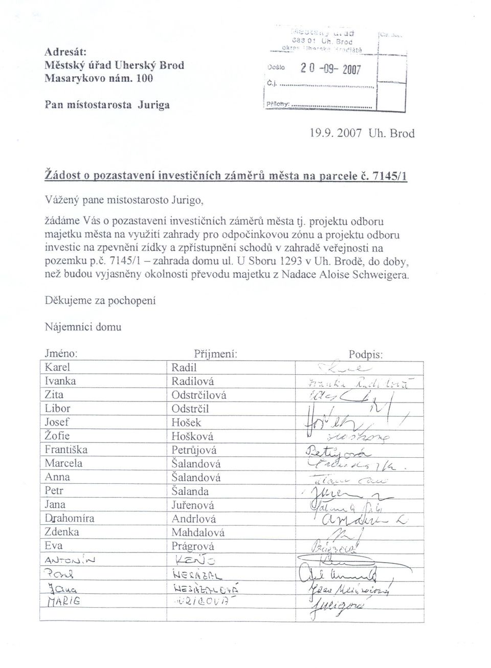 místostarosto Jurigo žádáme Vás o pozastavení investicních zámeru mesta tj projektu odboru majetku mesta na využití zahrady pro odpocinkovou zónu a projektu odboru investic na zpevnení zídky a