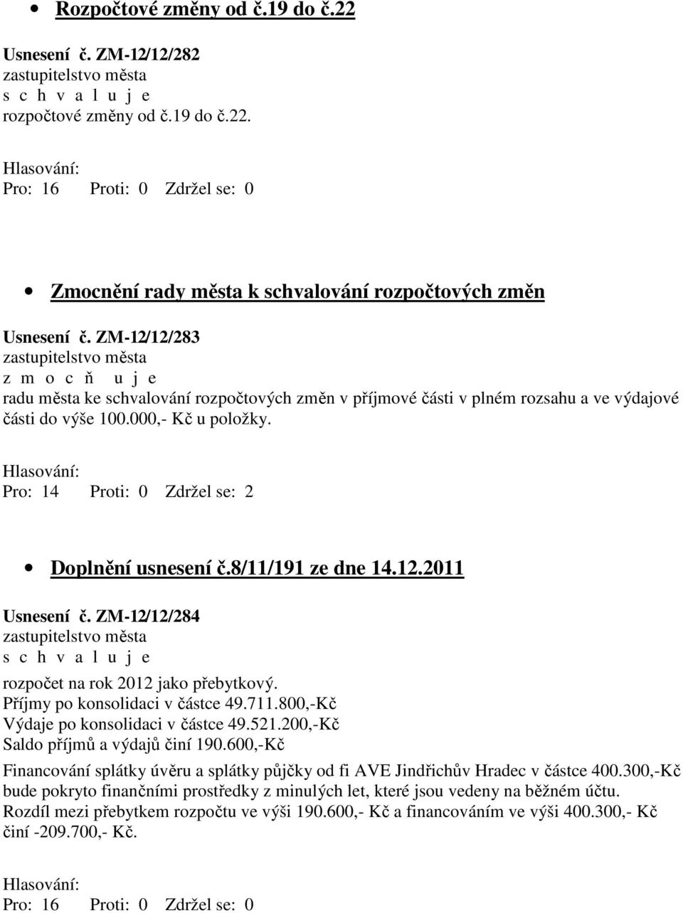 Hlasování: Pro: 14 Proti: 0 Zdržel se: 2 Doplnění usnesení č.8/11/191 ze dne 14.12.2011 Usnesení č. ZM-12/12/284 zastupitelstvo města s c h v a l u j e rozpočet na rok 2012 jako přebytkový.