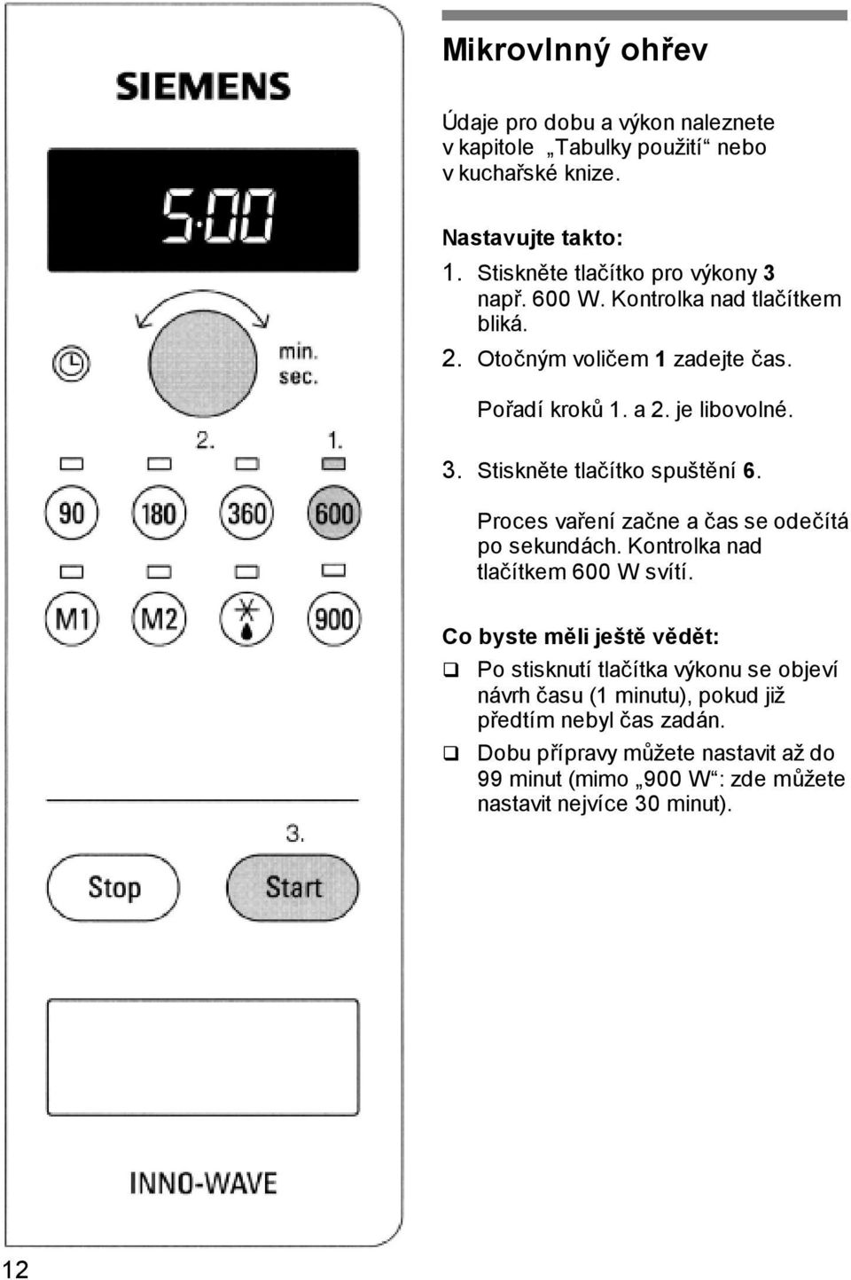 Proces vaření začne a čas se odečítá po sekundách. Kontrolka nad tlačítkem 600 W svítí.