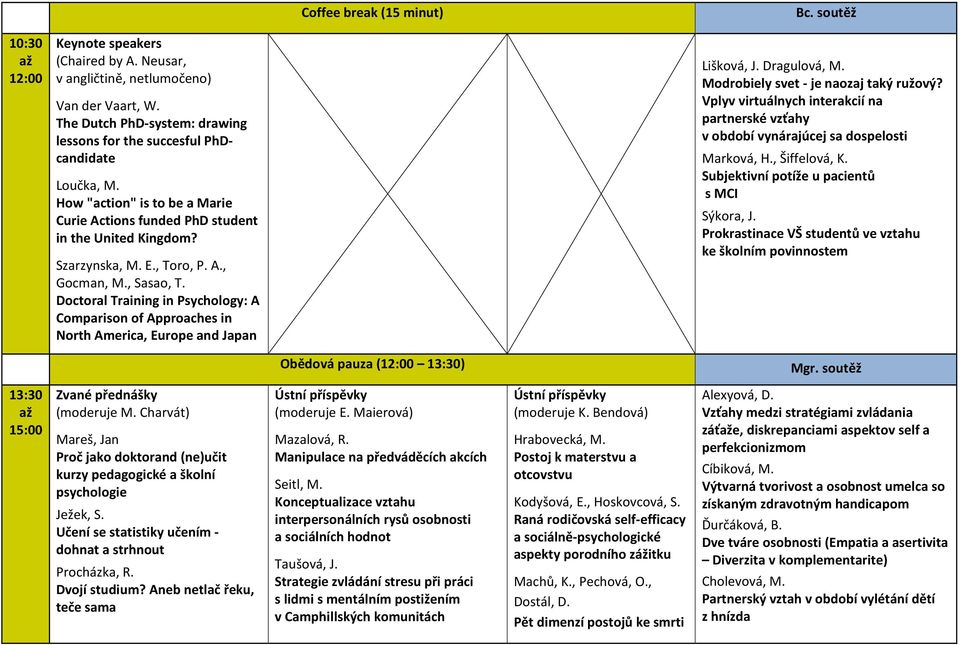 Doctoral Training in Psychology: A Comparison of Approaches in North America, Europe and Japan Coffee break (15 minut) Bc. soutěž Lišková, J. Dragulová, M. Modrobiely svet - je naozaj taký ružový?