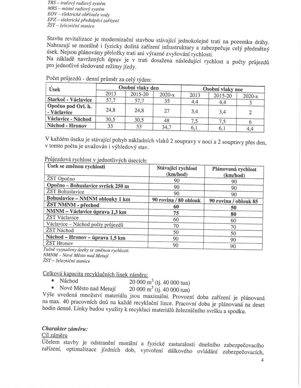 Nejsou plánovány přeložky trati ani výrazné zvyšování rychlosti. Na základě navržených úprav je v trati dosažena následující rychlost a počty průjezdů pro jednotlivé sledované režimy jízdy.