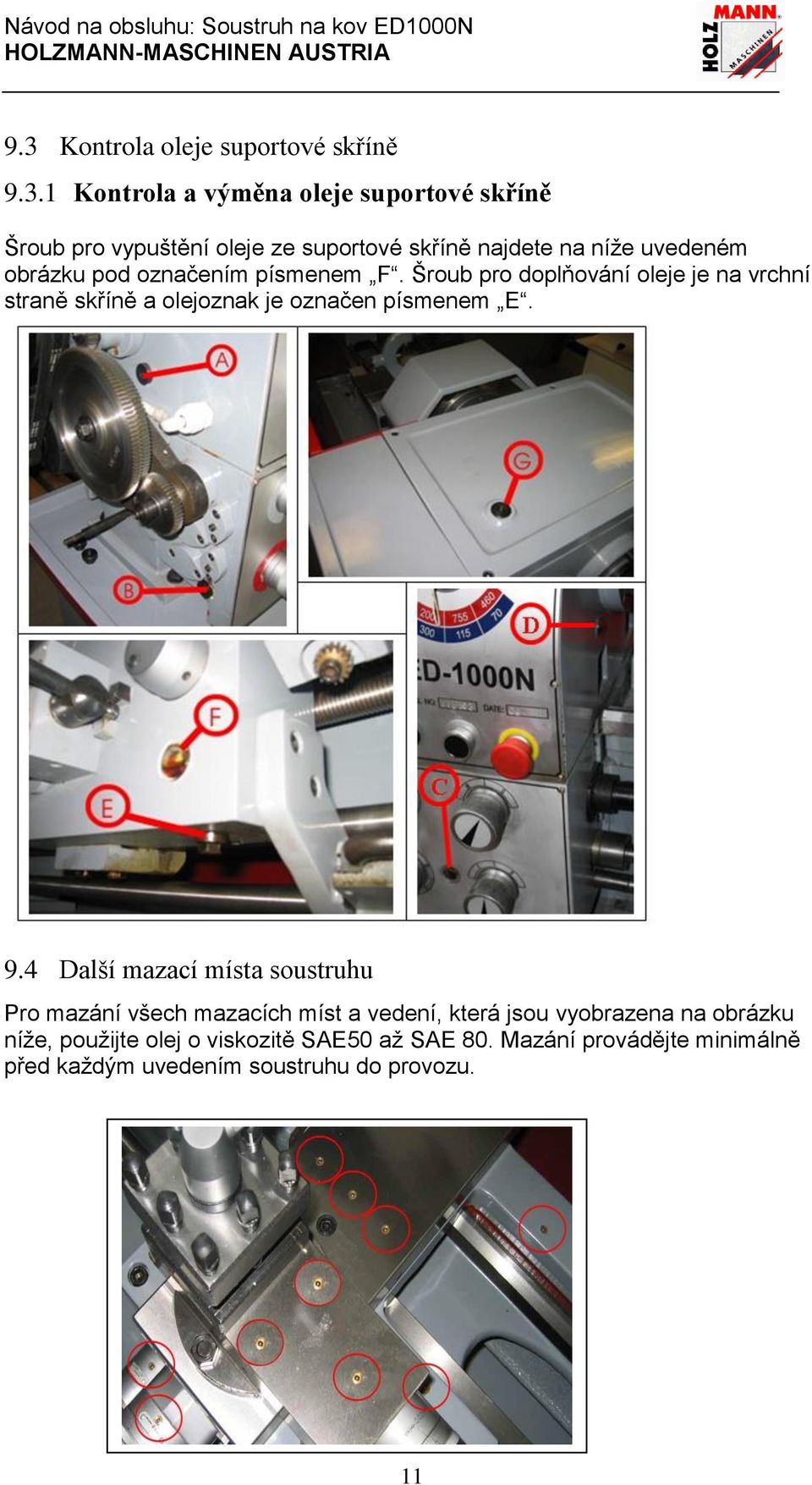 Šroub pro doplňování oleje je na vrchní straně skříně a olejoznak je označen písmenem E. 9.
