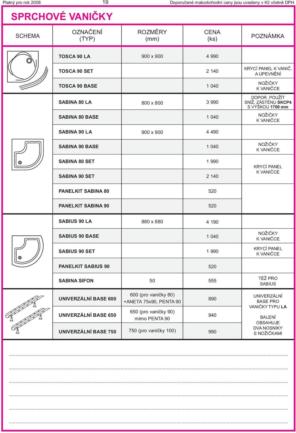 PANEKIT SABINA 80 520 PANEKIT SABINA 90 520 SABIUS 90 A 880 880 4 190 SABIUS 90 BASE 1 040 NOŽIÈKY K VANIÈCE SABIUS 90 SET PANEKIT SABIUS 90 1 990 520 KRYCÍ PANE K VANIÈCE SABINA SIFON 50 555 TÉŽ PRO