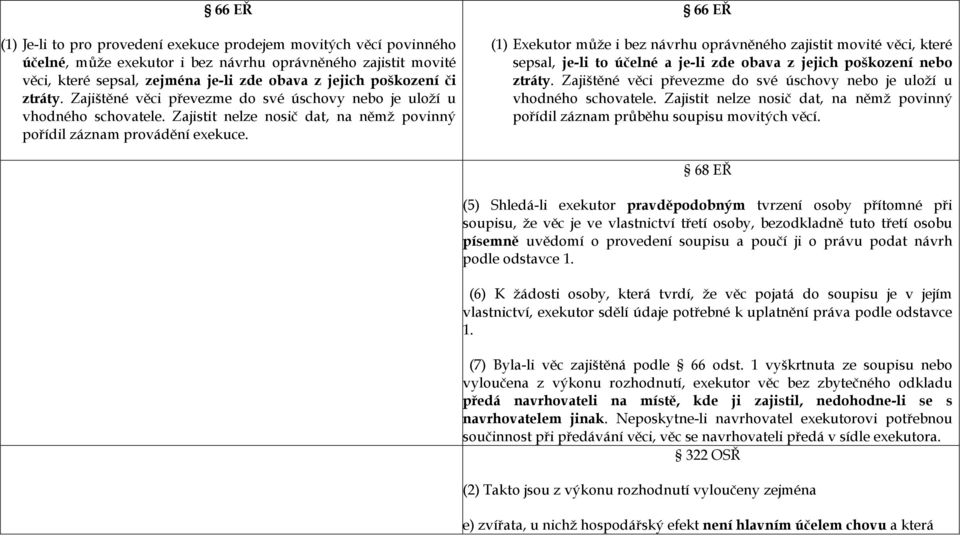 66 EŘ (1) Exekutor může i bez návrhu oprávněného zajistit movité věci, které sepsal, je-li to účelné a je-li zde obava z jejich poškození nebo ztráty.