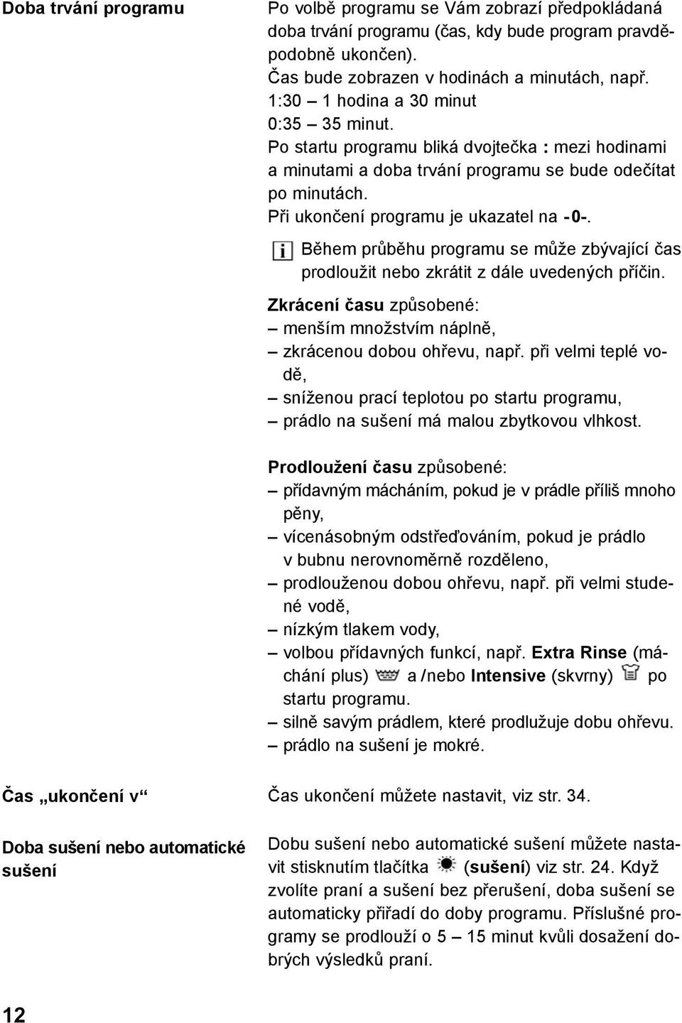 Během průběhu programu se může zbývající čas prodloužit nebo zkrátit z dále uvedených příčin. Zkrácení času způsobené: menším množstvím náplně, zkrácenou dobou ohřevu, např.