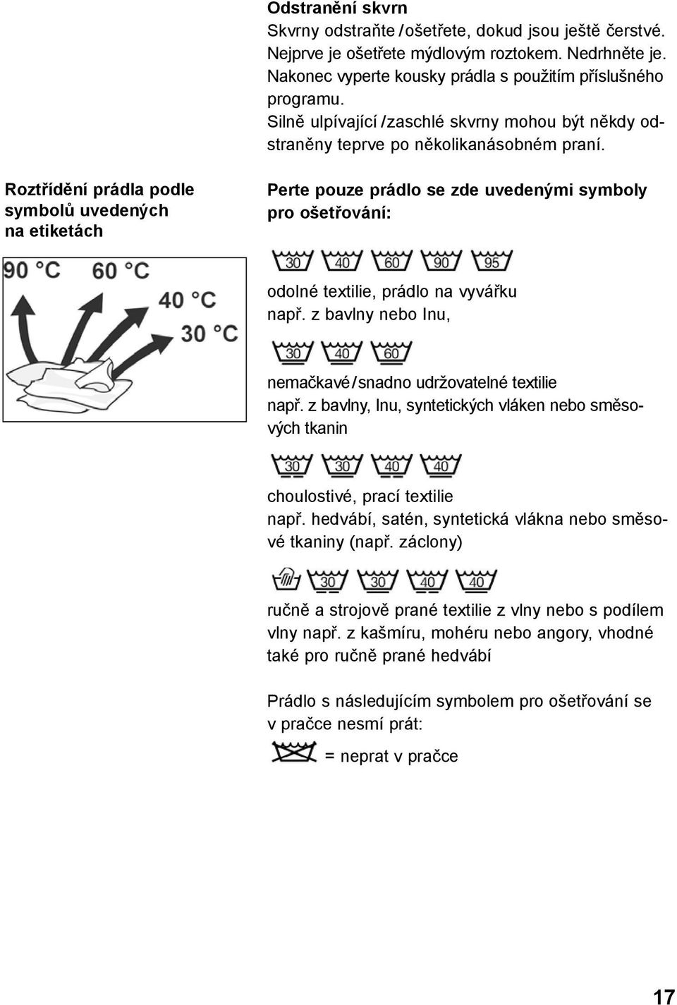 Roztřídění prádla podle symbolů uvedených na etiketách Perte pouze prádlo se zde uvedenými symboly pro ošetřování: odolné textilie, prádlo na vyvářku např.