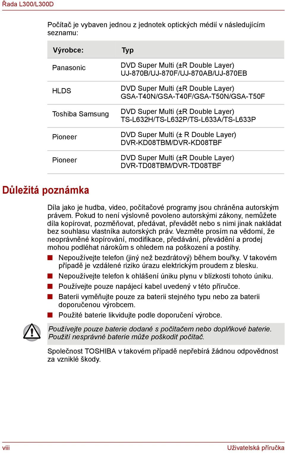 Double Layer) DVR-KD08TBM/DVR-KD08TBF DVD Super Multi (±R Double Layer) DVR-TD08TBM/DVR-TD08TBF Důležitá poznámka Díla jako je hudba, video, počítačové programy jsou chráněna autorským právem.