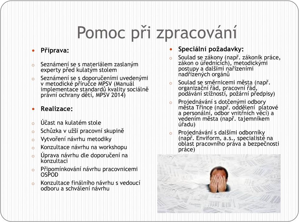 návrhu pracvnicemi OSPOD Knzultace finálníh návrhu s veducí dbru a schválení návrhu Speciální pžadavky: Sulad se zákny (např.