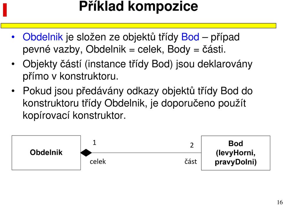 Objekty částí (instance třídy Bod) jsou deklarovány přímo v konstruktoru.