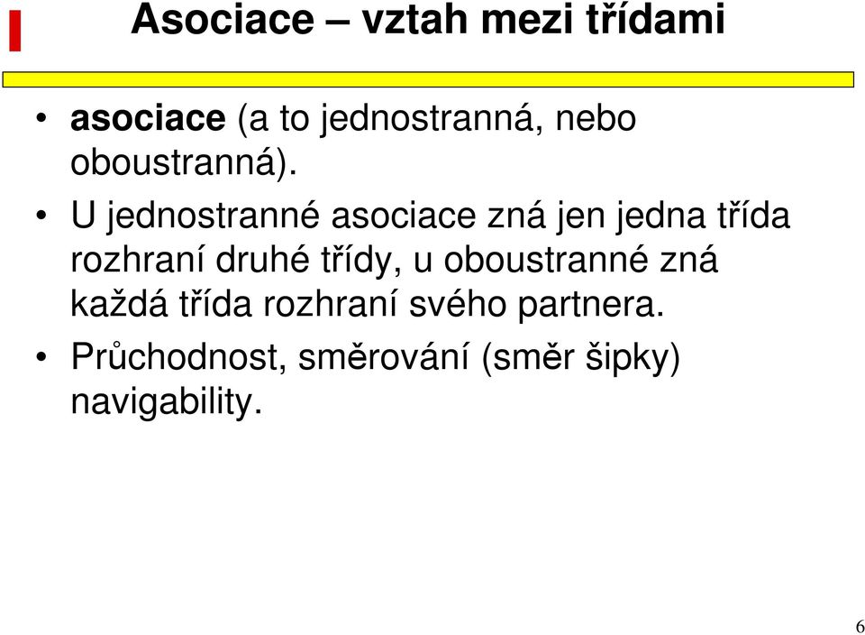 U jednostranné asociace zná jen jedna třída rozhraní druhé