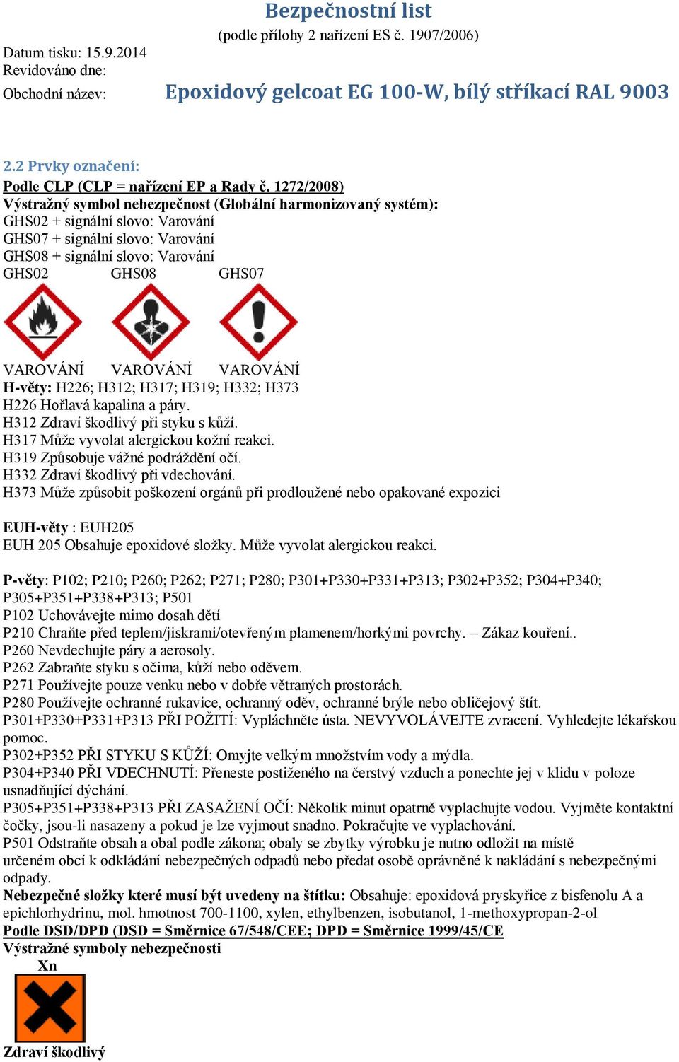 VAROVÁNÍ VAROVÁNÍ H-věty: H226; H312; H317; H319; H332; H373 H226 Hořlavá kapalina a páry. H312 Zdraví škodlivý při styku s kůží. H317 Může vyvolat alergickou kožní reakci.