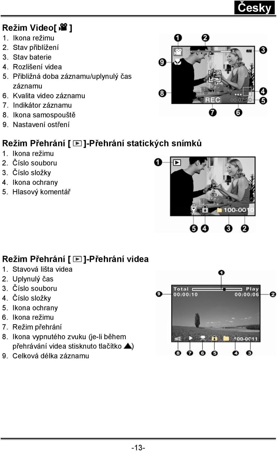 Ikona ochrany 5. Hlasový komentář ]-Přehrání statických snímků Režim Přehrání [ ]-Přehrání videa 1. Stavová lišta videa 2. Uplynulý čas 3.