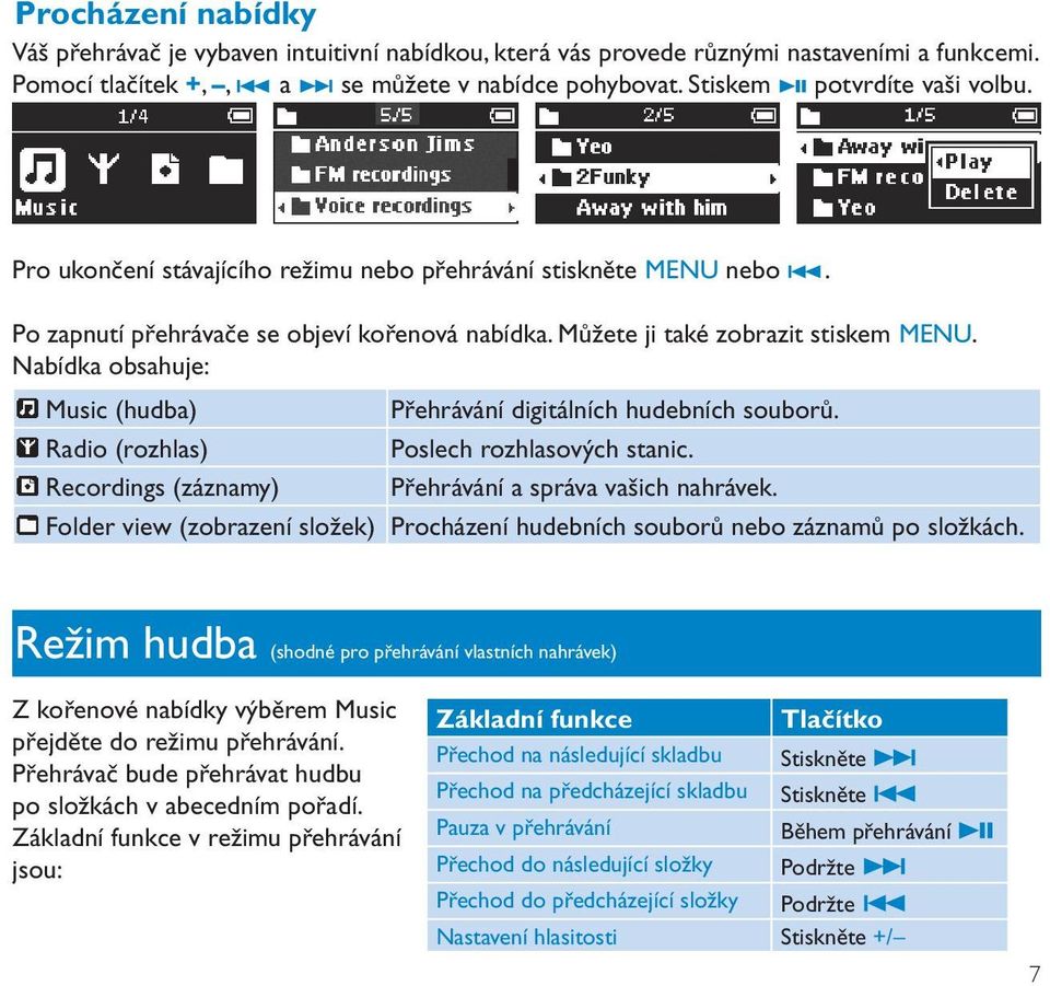 Nabídka obsahuje: Music (hudba) Přehrávání digitálních hudebních souborů. Radio (rozhlas) Poslech rozhlasových stanic. Recordings (záznamy) Přehrávání a správa vašich nahrávek.