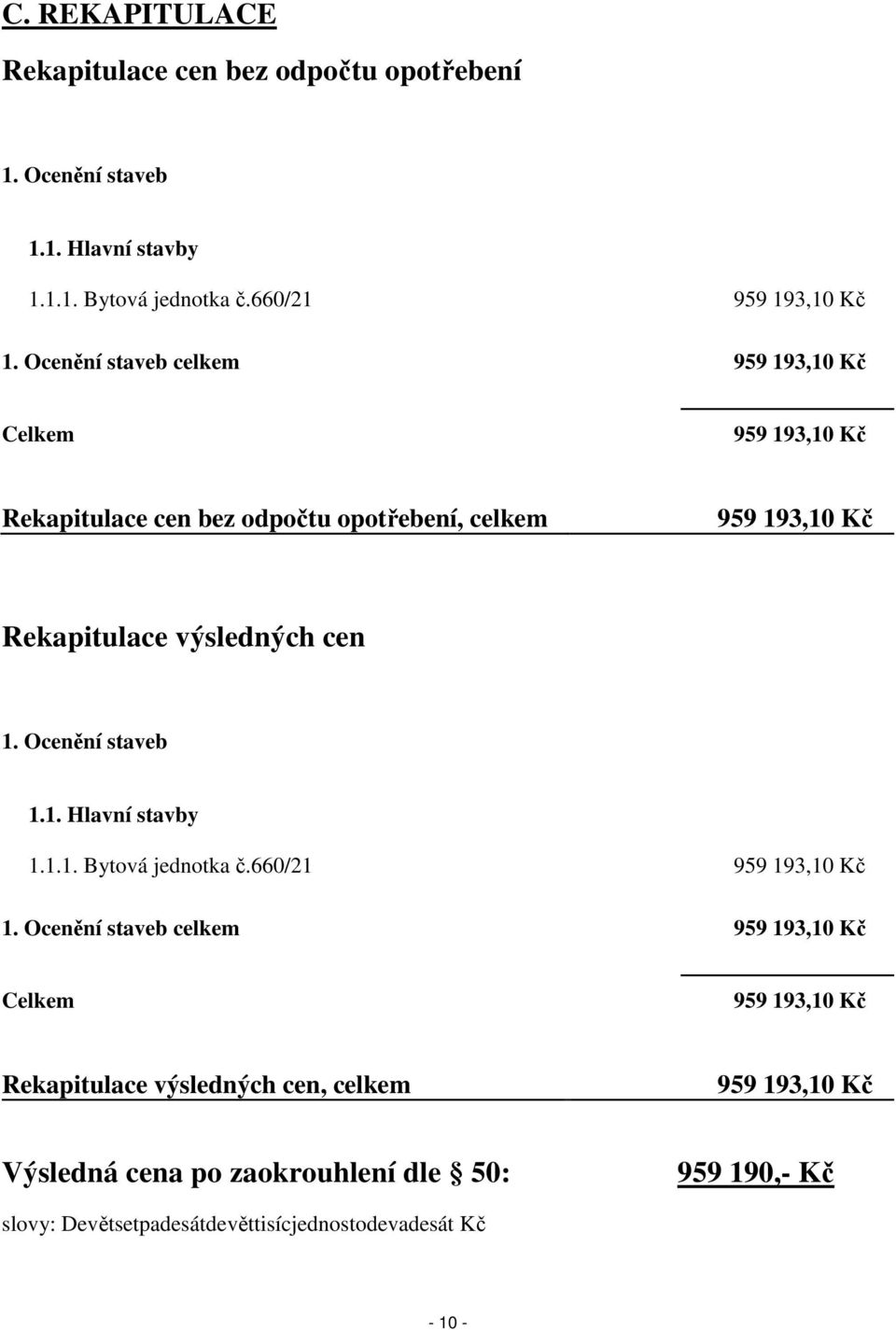 1. Ocenění staveb 1.1. Hlavní stavby 1.1.1. Bytová jednotka č.660/21 959 193,10 Kč 1.