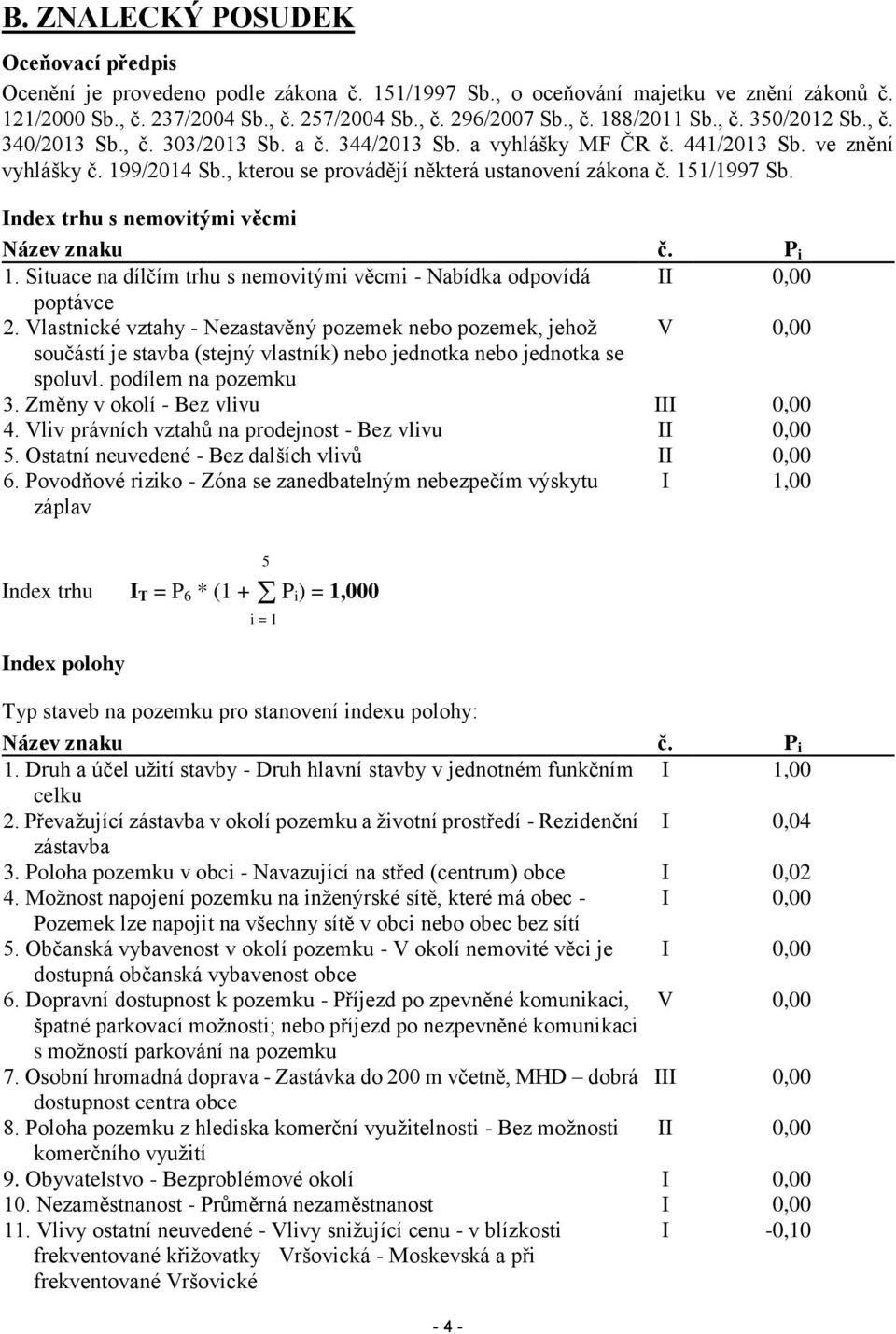 Index trhu s nemovitými věcmi Název znaku č. P i 1. Situace na dílčím trhu s nemovitými věcmi - Nabídka odpovídá II 0,00 poptávce 2.