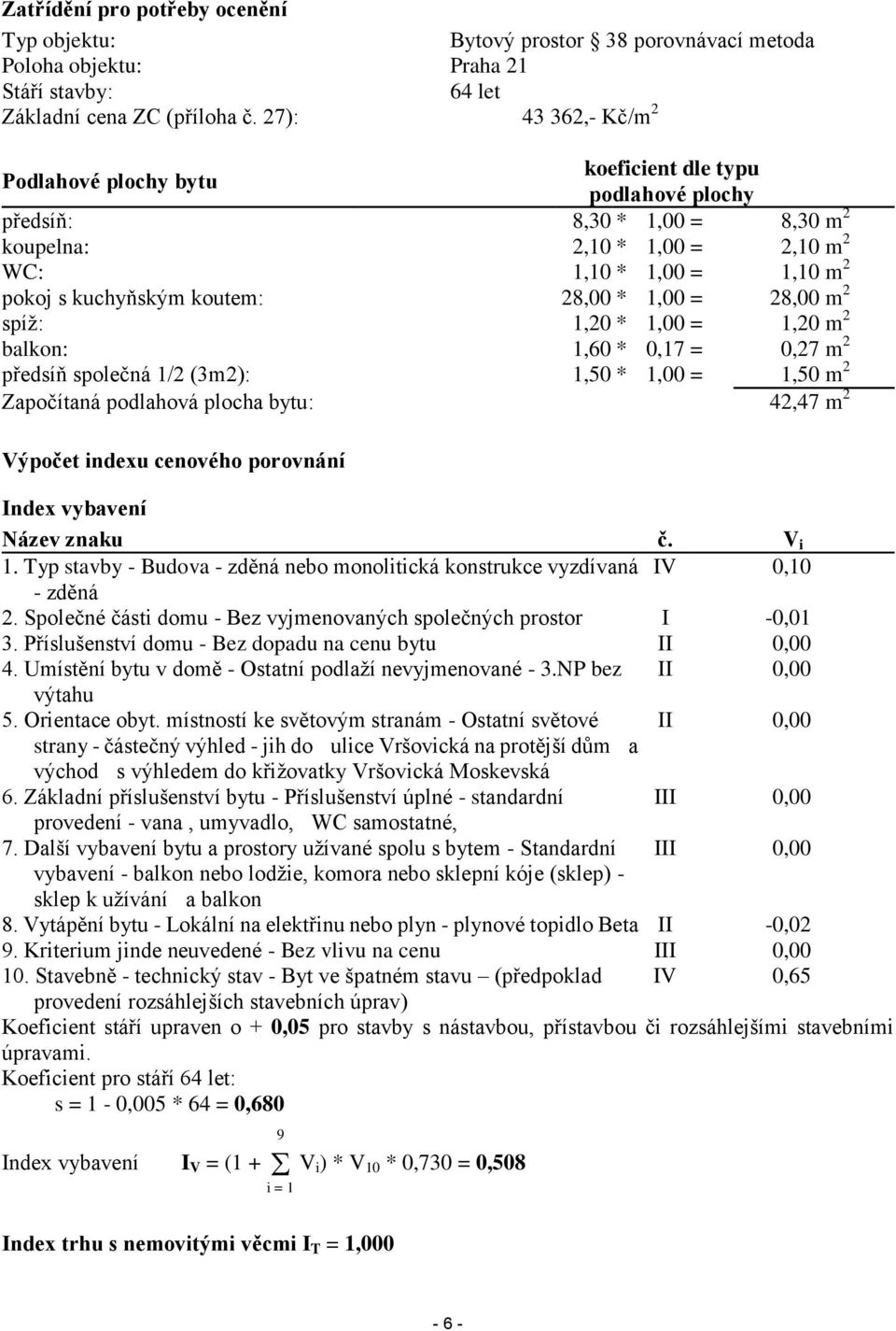 28,00 * 1,00 = 28,00 m 2 spíž: 1,20 * 1,00 = 1,20 m 2 balkon: 1,60 * 0,17 = 0,27 m 2 předsíň společná 1/2 (3m2): 1,50 * 1,00 = 1,50 m 2 Započítaná podlahová plocha bytu: 42,47 m 2 Výpočet indexu