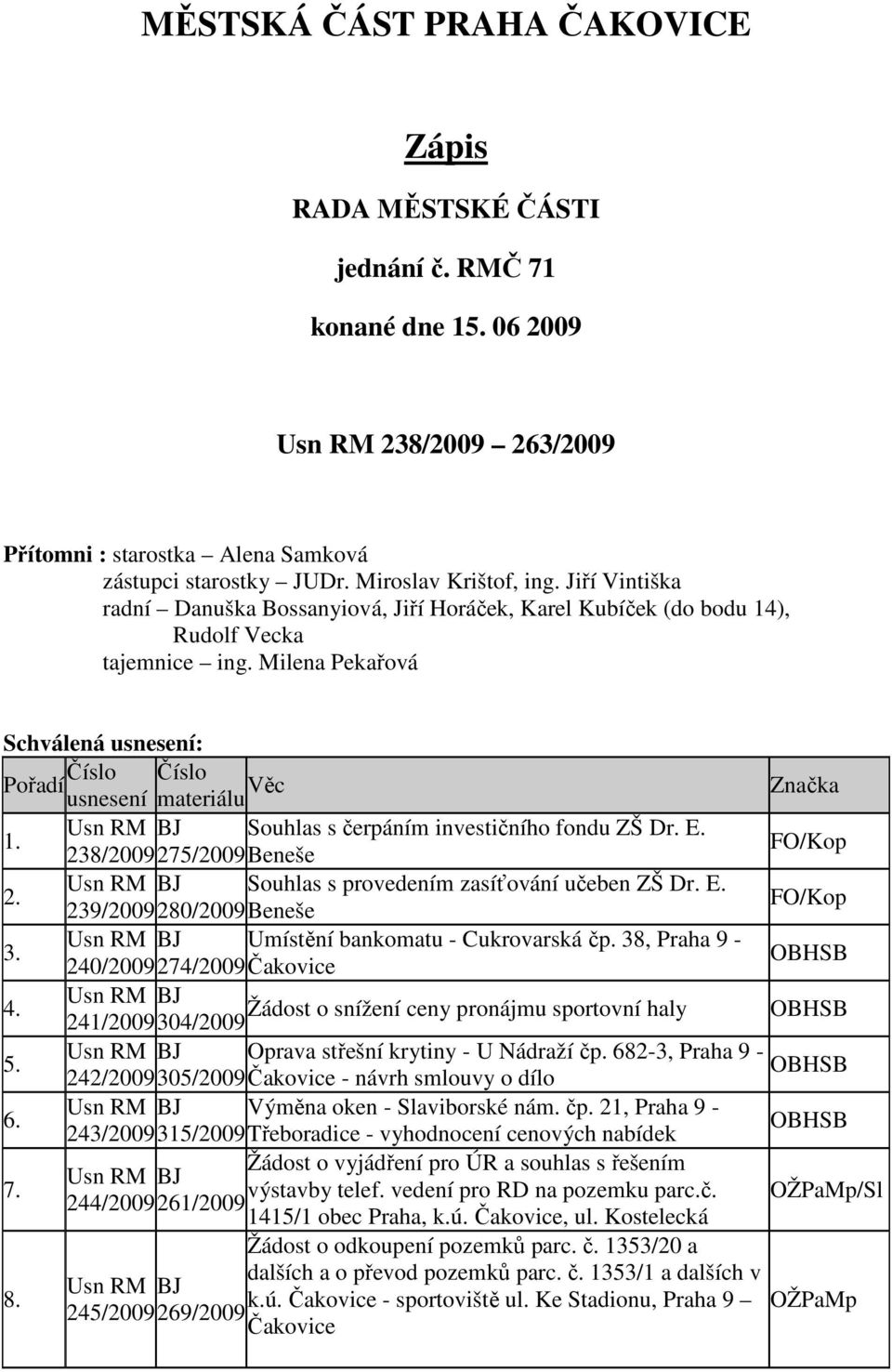 Milena Pekařová Schválená usnesení: Pořadí Číslo Číslo usnesení materiálu Věc Značka 1. Souhlas s čerpáním investičního fondu ZŠ Dr. E. 238/2009275/2009 Beneše FO/Kop 2.