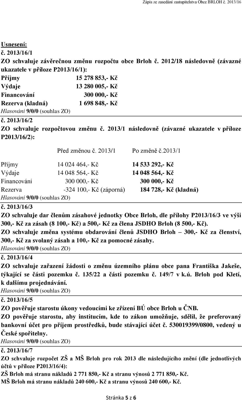 2013/16/2 ZO schvaluje rozpočtovou změnu č. 2013/1 následovně (závazné ukazatele v příloze P2013/16/2): Před změnou č. 2013/1 Po změně č.