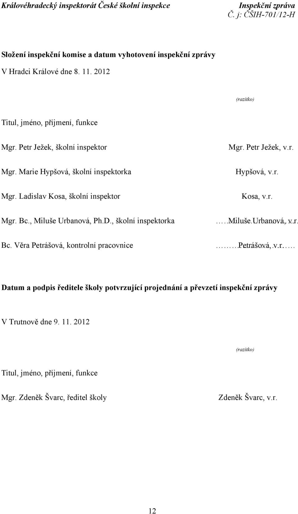 , Miluše Urbanová, Ph.D., školní inspektorka Miluše Urbanová, v.r. Bc. Věra Petrášová, kontrolní pracovnice Petrášová, v.r. Datum a podpis ředitele školy potvrzující projednání a převzetí inspekční zprávy V Trutnově dne 9.