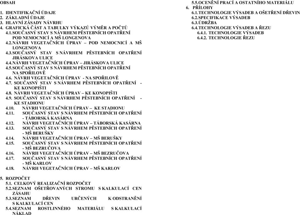 NÁVRH VEGETAČNÍCH ÚPRAV - NA SPOŘILOVĚ 4.7. SOUČASNÝ STAV S NÁVRHEM PĚSTEBNÍCH OPATŘENÍ - KE KONOPIŠTI 4.8. NÁVRH VEGETAČNÍCH ÚPRAV KE KONOPIŠTI 4.9.