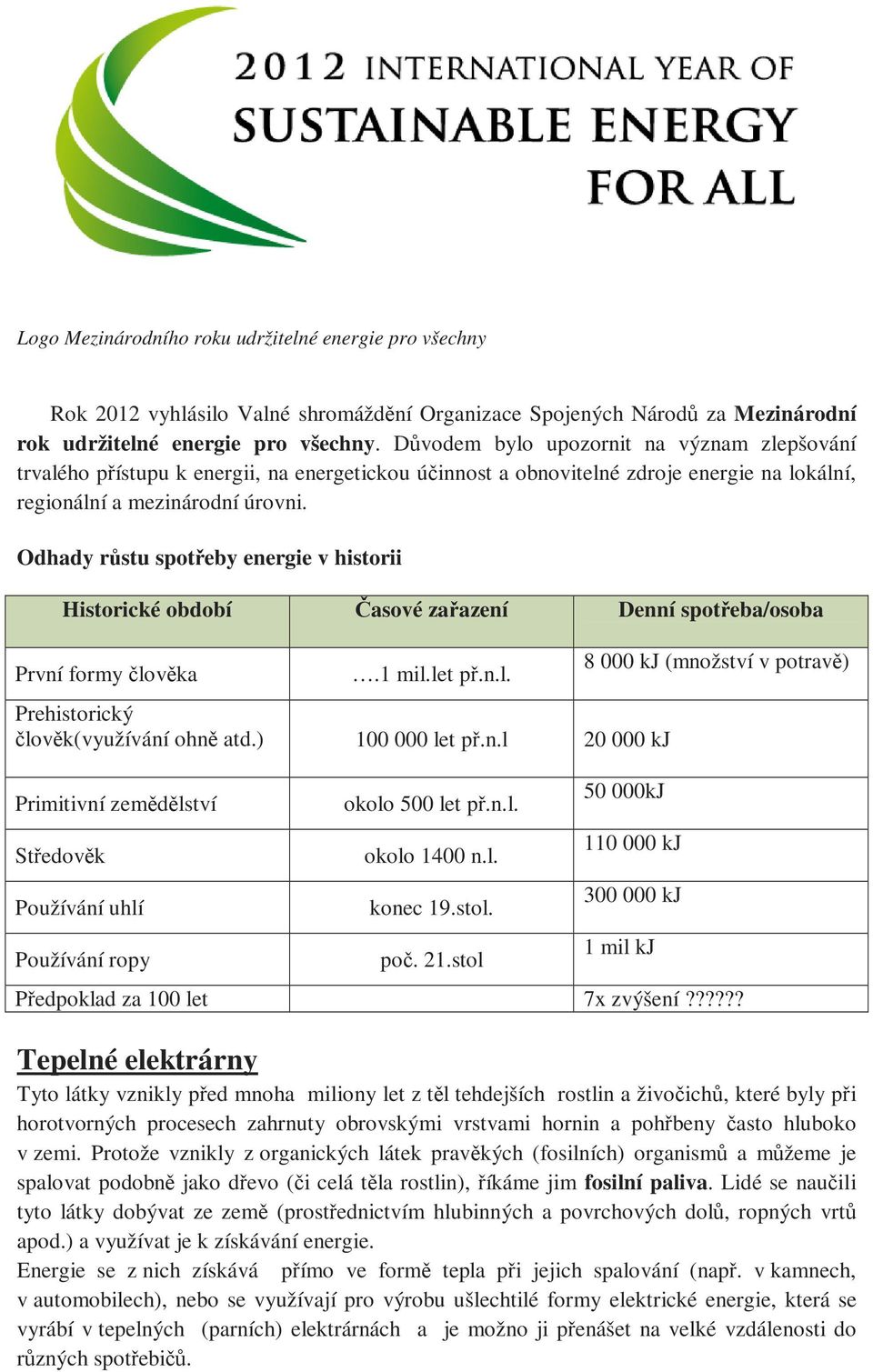 Odhady růstu spotřeby energie v historii Historické období Časové zařazení Denní spotřeba/osoba První formy člověka.1 mil.let př.n.l. Prehistorický člověk(využívání ohně atd.) 100 000 let př.n.l 20 000 kj Primitivní zemědělství Středověk Používání Používání ropy okolo 500 let př.