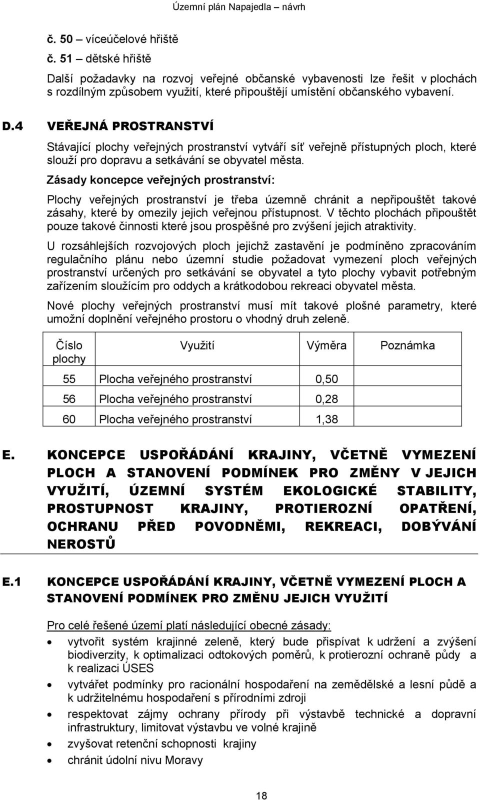 Zásady koncepce veřejných prostranství: Plochy veřejných prostranství je třeba územně chránit a nepřipouštět takové zásahy, které by omezily jejich veřejnou přístupnost.